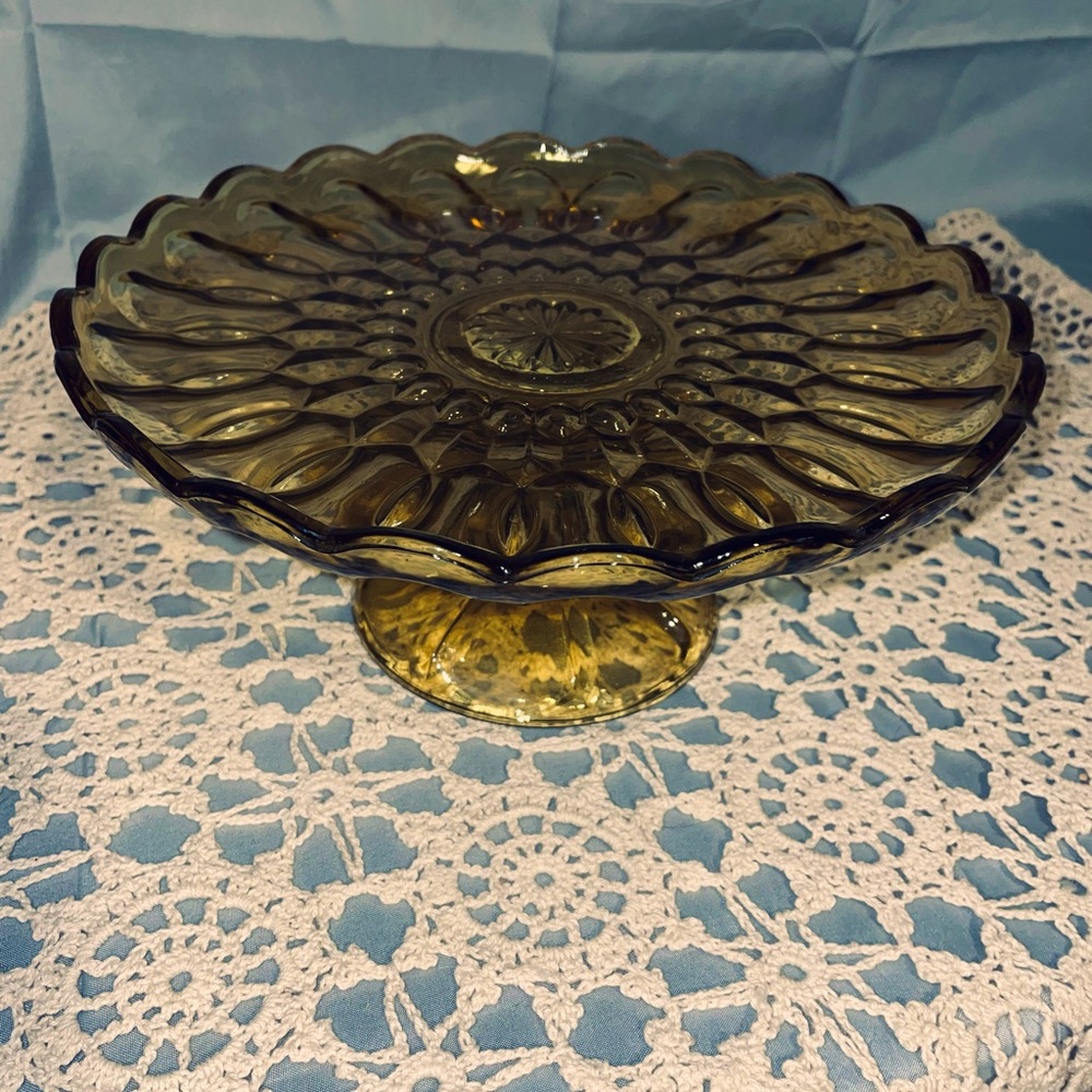 Vintage amber glass cake stand plate 11”